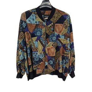 Vintage 90s Abstract Patchwork Bomber Jacket Geometric Zip Front Size Retro 2X